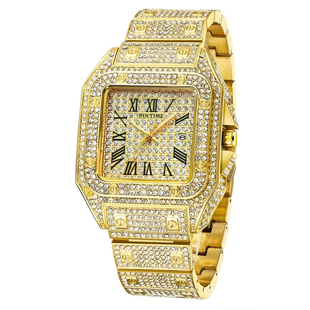 Hip Hop Iced Out Men Watch Square Diamond Quartz Luxury Mens Wrist Watches Gold Roman Calendar Steel Clock Relogio Masculino