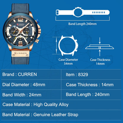 CURREN Casual Sport Watches for Men Blue Top Brand Luxury Military Leather Wrist Watch Man Clock Fashion Chronograph Wristwatch