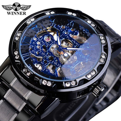 Winner Golden Watches Classic Rhinestone Clock Roman Analog Male Skeleton Clocks Mechanical Stainless Steel Band Luminous Watch