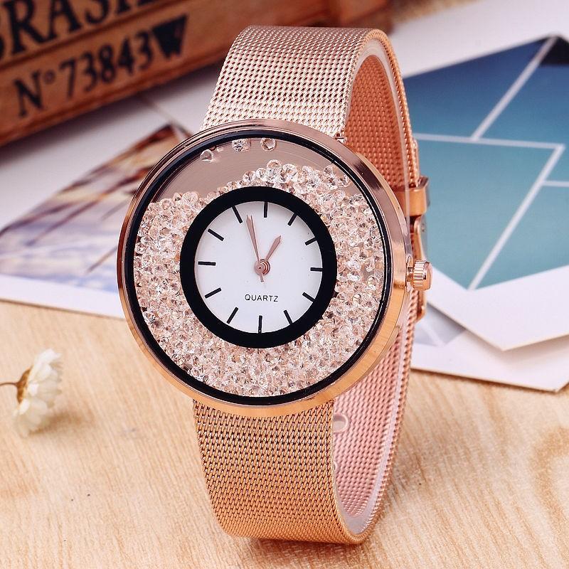 Top Luxury Women's Watches Fashion Stainless Steel Rose Gold Quartz Rhinestone