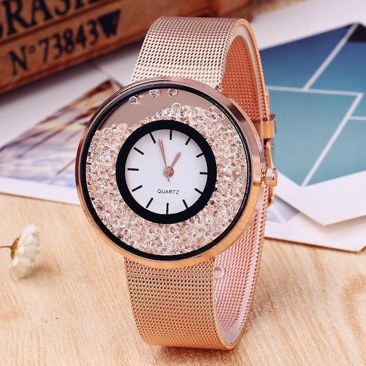 Top Luxury Women's Watches Fashion Stainless Steel Rose Gold Quartz Rhinestone