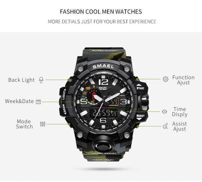 SMAEL Fashion Sport Watch Men Alarm Clock Camouflage Waterproof Week Display Men Watches Digital Watch relogio masculino 1545B