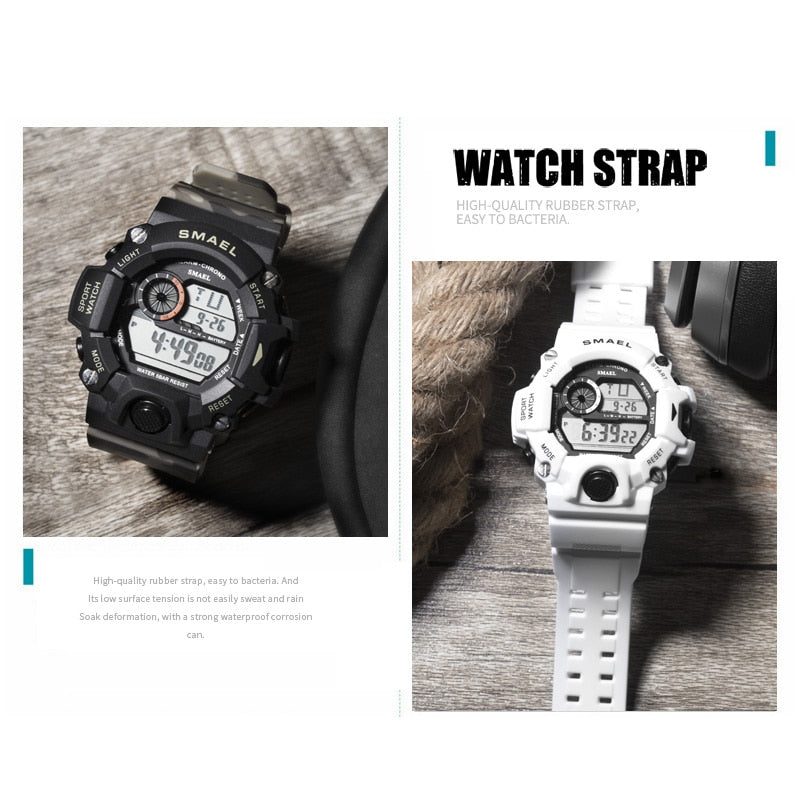 Watches Men Digital Watch White SMAEL 1385C Sport Watch 50M Waterproof Auto Date relogio masculino Digital Military Watches Mens Sport