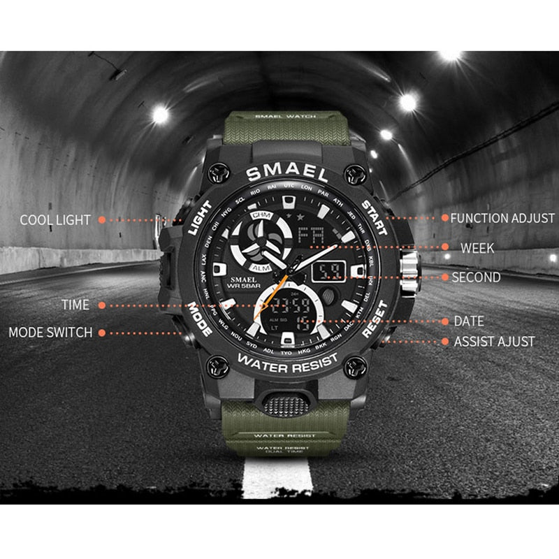 SMAEL Sport Watch Men Dual Time Waterproof 50M Military Watches Chrono Alarm Wristwatch Vintage Classic Digital Watch 8011