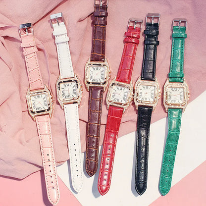 Women Diamond Watch Starry Square Dial Bracelet Watches Set Ladies Leather Band Quartz Wristwatch Female Clock Zegarek Damski