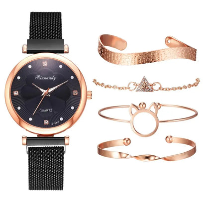 Fashion 5pcs Set Women Watches Luxury Magnet Buckle Flower Rhinestone Watch Ladies Quartz Wrist Watch Bracelet Set Reloj Mujer