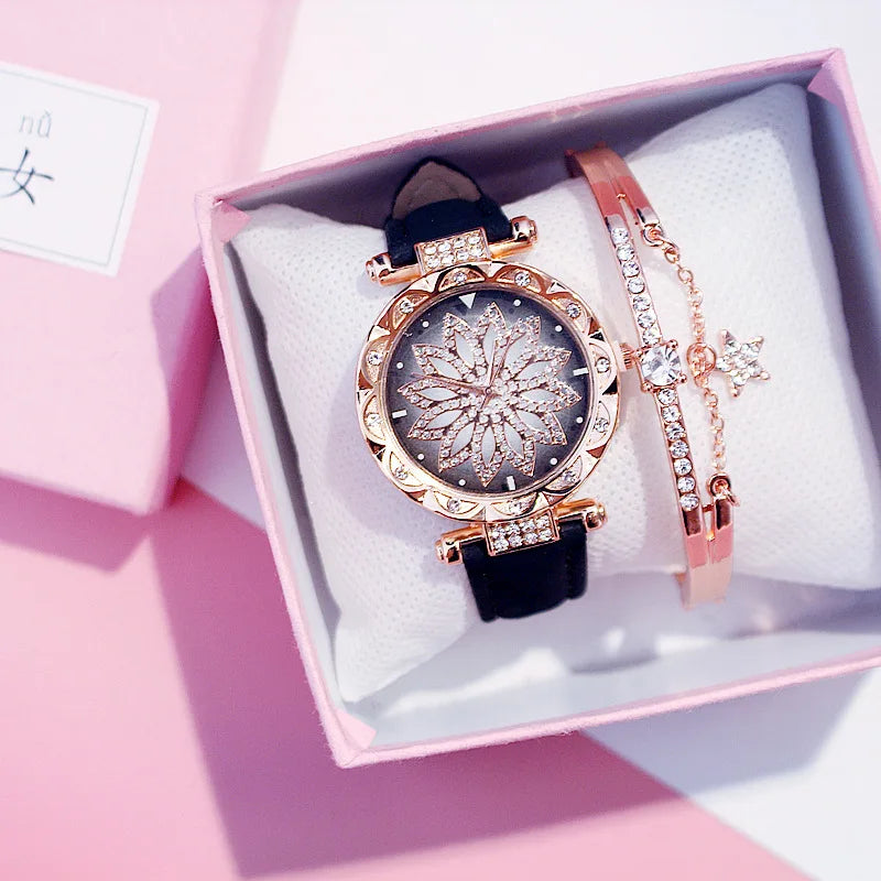 Women Starry Sky Watch Luxury Rose Gold Diamond Watches Ladies Casual Leather Band Quartz Wristwatch Female Clock zegarek damski