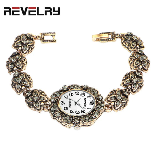 Women Ancient Gold Bracelet Luxury Watches Grey Rhinestone Ladies Quartz Wristwatch Casual Women Dress Colck