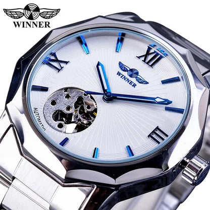 Winner Blue Ocean Geometry Design Transparent Skeleton Dial Mens Watch Top Brand Luxury Automatic Mechanical Watch Clock